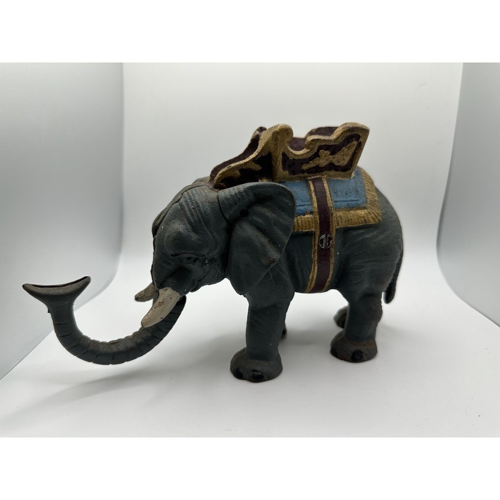 Vintage Cast Iron Hand Painted Gray Elephant‎ Mechanical Coin Bank